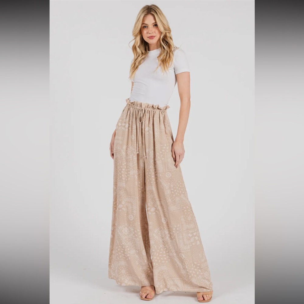 Beige Wide-Leg Paperbag Waist Pants, XL, NWOT